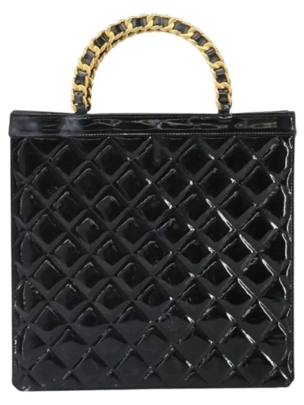 CHANEL Matelasse Hand Bag Patent leather Black Gold CC Auth BA9804